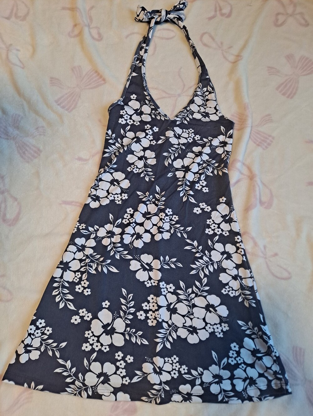 Girls Navy Blue Floral Halter One-Piece Swim Dress